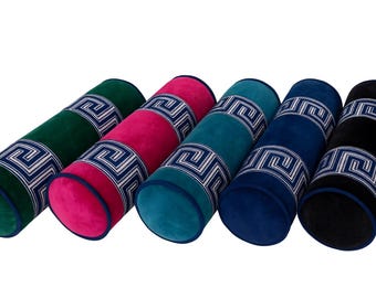 Velvet Bolster Pillow Cover, Greek Key Trim, Custom Piping