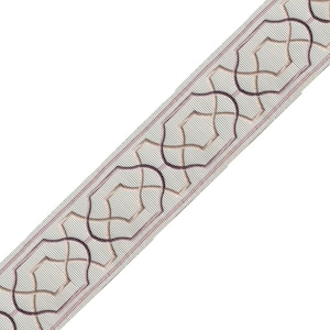May include: Decorative ribbon with a repeating geometric pattern. The ribbon features a light gray background with thin diagonal lines. The pattern consists of interlocking shapes in shades of brown and dark purple, outlined with a thin pink border.