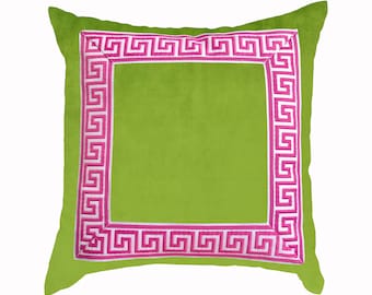 Apple Green Velvet Pillow Cover, Hot Pink Greek Key Trim