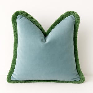 Fringe Velvet Pillow Cover – Light Blue with moss Green Trim |  Lumbar or Bolster Cover | Chinoiserie Decor | High-End Decorative Throw