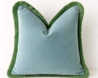 Fringe Velvet Pillow Cover – Light Blue with Sage Green Trim |  Lumbar or Bolster Cover | Chinoiserie Decor | High-End Decorative Throw