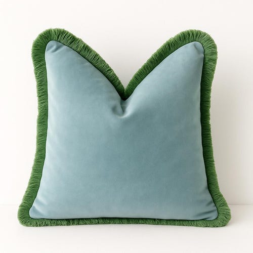 Fringe Velvet Pillow Cover – Light Blue with moss Green Trim |  Lumbar or Bolster Cover | Chinoiserie Decor | High-End Decorative Throw