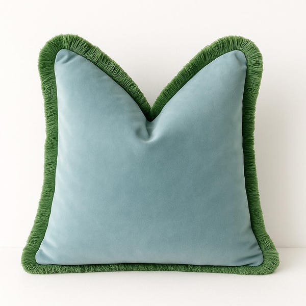 Fringe Velvet Pillow Cover – Light Blue with Sage Green Trim |  Lumbar or Bolster Cover | Chinoiserie Decor | High-End Decorative Throw