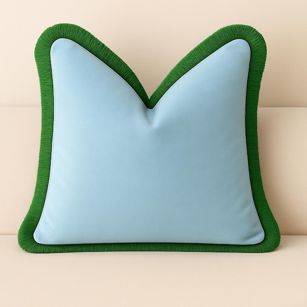 Designer Pillow cover light blue velvet Kelly green fringe trim  bolster throw custom Piping high end decorative chinoiserie lumbar