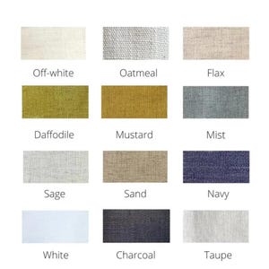 May include: A color palette of fabric swatches in various neutral and vibrant hues. Colors include off-white, oatmeal, flax, daffodil, mustard, mist, sage, sand, navy, white, charcoal, and taupe. Each swatch is labeled with its corresponding color name.