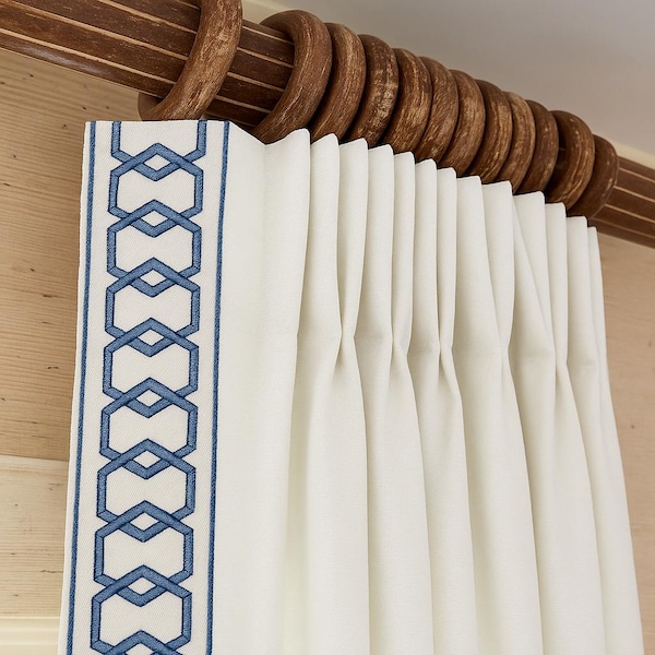 Linen Pinch Pleat drapes with trim tape many fabric colors curtains French pleated fretwork Hex fret trimming lining blackout privacy avail