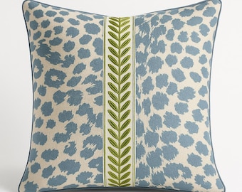 French Blue Leopard Pillow Cover – Grandmillennial Decor | Velvet Piping | Green Laurel Trim | Coastal Chinoiserie Style Throw