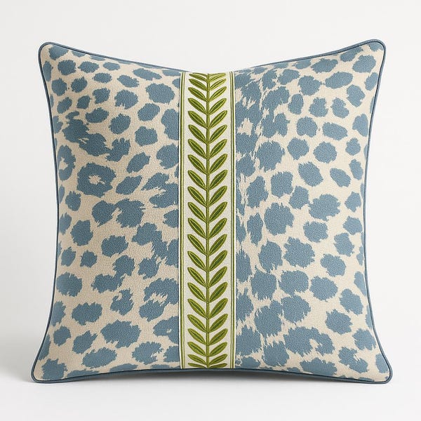 French Blue Leopard Pillow Cover – Grandmillennial Decor | Velvet Piping | Green Laurel Trim | Coastal Chinoiserie Style Throw