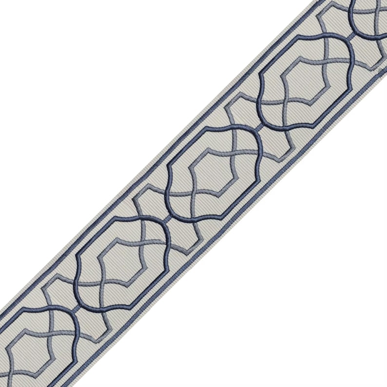 May include: Decorative trim featuring a repeating geometric pattern. The trim has a light beige background with a dark blue border and a lighter blue interwoven design. The design is a series of interlocking shapes.