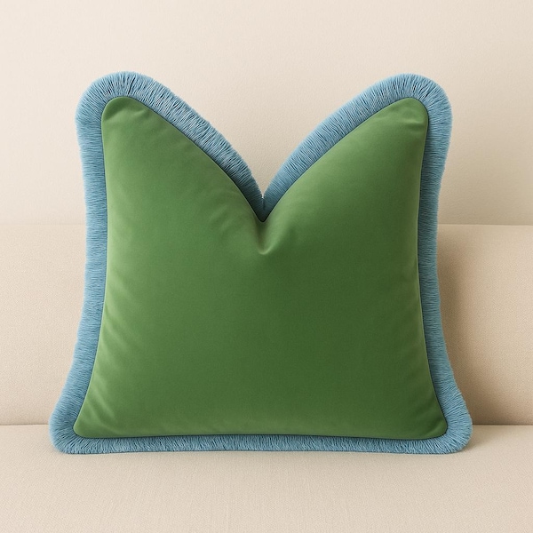 Designer Pillow cover moss green velvet French blue fringe trim bolster throw custom Piping high end decorative chinoiserie lumbar