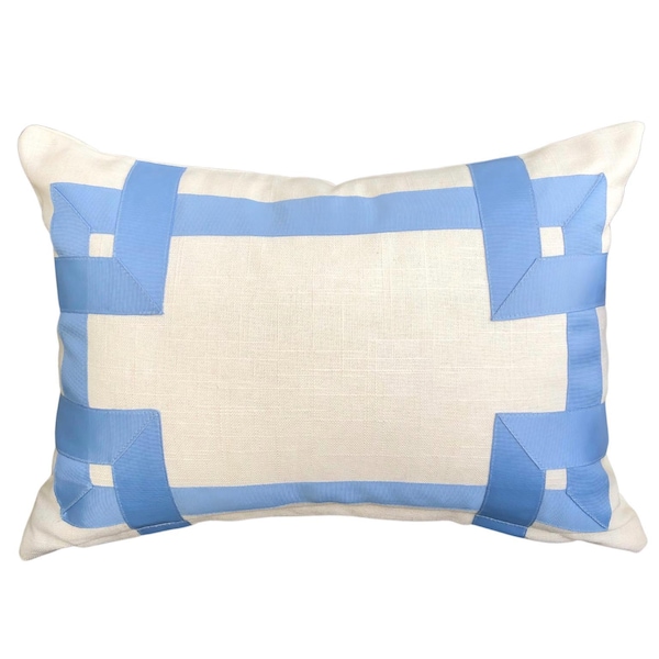 Off White Linen Pillow Cover, Light Blue Grosgrain Trim