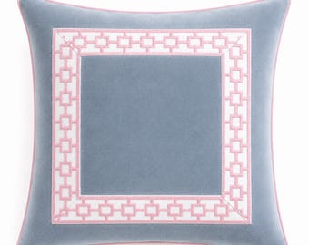 Caroline Trimmed Pillow Cover | Dusty Blue Velvet Pillow with Pink Greek Key Trim | Designer Decorative Throw Pillow | Custom Accent Pillow