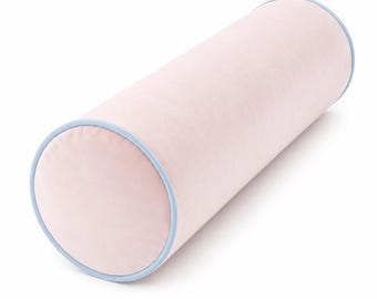 Velvet Bolster Pillow Cover | Blush Pink Velvet with Light Blue Piping | Custom Round Accent Pillow | Luxury Bed, Bench Cushion | Dorm