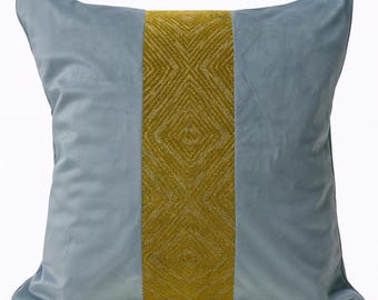Light Blue Velvet Pillow Cover, Apple Green Trim, Colorblock Bolster
