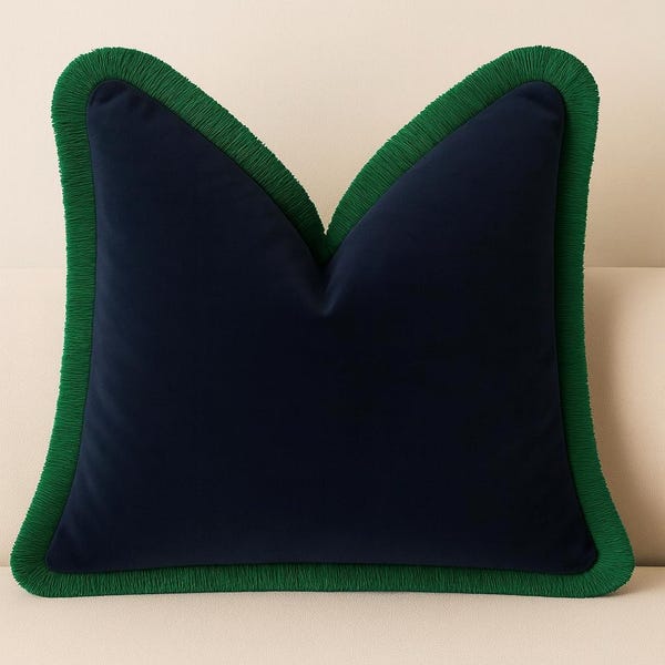 Designer Pillow cover navy blue velvet Kelly green fringe trim  bolster throw custom Piping high end decorative chinoiserie lumbar