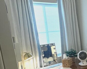 White Cotton Blackout Curtains with Greek Key Trim, 63" - Pair