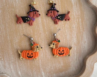 Halloween Dachshund Witch Earrings | Polymer Clay Dog Pumpkin Studs