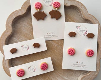 Pendientes de concha de pan dulce, pendientes de botón
