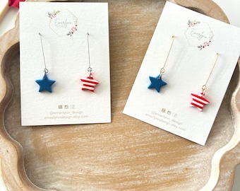 Pendientes colgantes de estrella: Bandera estadounidense roja, blanca y azul