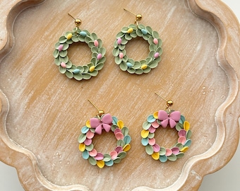 Pendientes de corona de Pascua / Joyas de arcilla polimérica con conejito floral primaveral