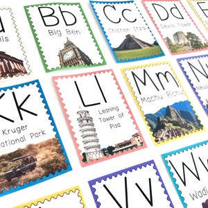 World landmark alphabet flashcards printable A-Z, homeschool learning, Montessori geography, digital download, educational printable