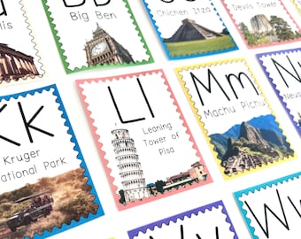 World landmark alphabet flashcards printable A-Z, homeschool learning, Montessori geography, digital download, educational printable