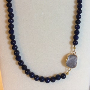 Afghan lapis necklace with druzy and yellow gold plate