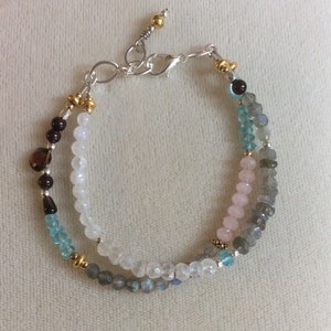 Moonstone, apatite, labradorite, rose quartz, garnet two strand bracelet, January birthstone