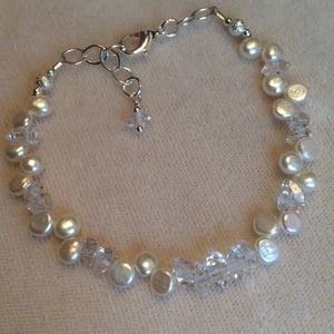 Herkimer diamond and natural pearl bracelet with silver, Brides bracelet