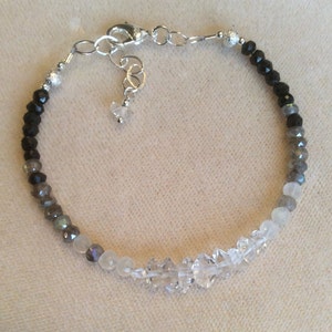 Herkimer diamonds, moonstones, mystic labradorite and black tourmaline bracelet