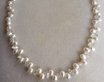 Pearl and Herkimer diamond necklace, brides necklace, June birthstone