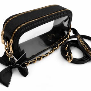 Clear Stadium Bag Approved Crossbody Chain Transparent Venue Purse Security Compliant Tote Bow Detail Carrier Festival Accessory Premium Vegan Leather Trim Double Zip Handbag, homecoming, Perfect Gift Fashionable