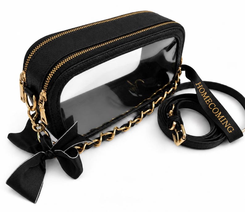 Clear Stadium Bag Approved Crossbody Chain Transparent Venue Purse Security Compliant Tote Bow Detail Carrier Festival Accessory Premium Vegan Leather Trim Double Zip Handbag, homecoming, Perfect Gift Fashionable