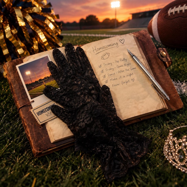 Puede incluir: Un par de guantes de encaje negro sobre un diario de cuero abierto. La p&aacute;gina muestra el texto escrito a mano Homecoming, un boceto de bal&oacute;n de f&uacute;tbol americano y una lista con Friday-Pep Rally, Friday-Game Night, Dance-After the Game, Make it a night y Never forget.