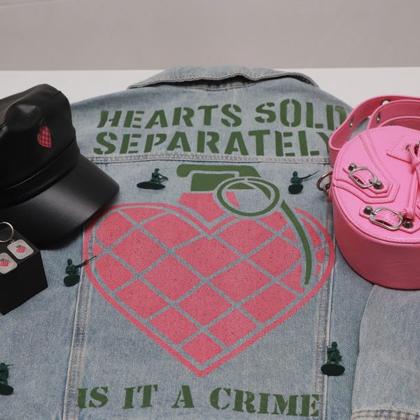 Hearts Sold Separately Inspired Denim Jacket: Pink Heart Grenade, Military Design