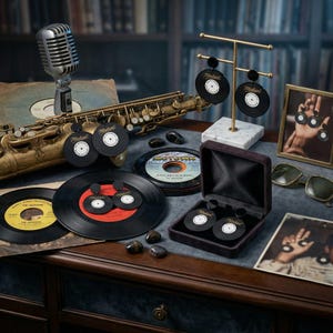 Pendientes de vinilo con diseño de disco de vinilo, accesorio musical de Michael Jackson, vinilo negro, joyería tributo al ícono del pop, pieza llamativa, diseño retro, firma dorada