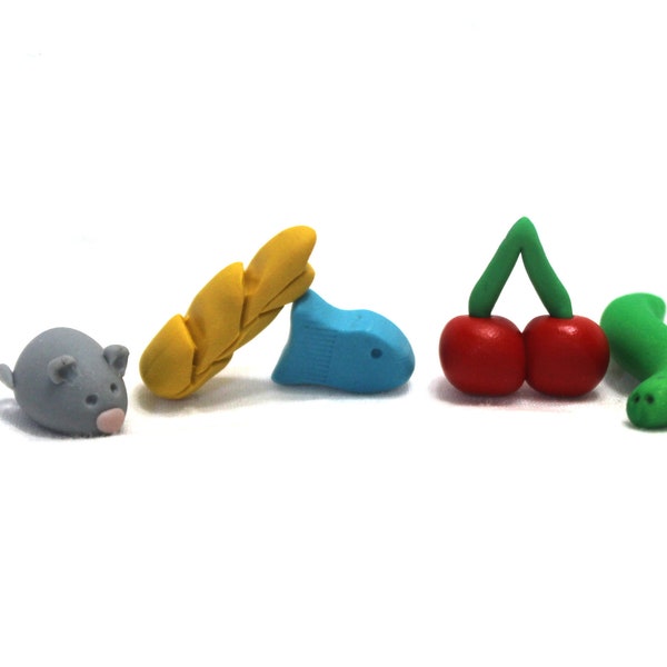 Wingspan Food Tokens, 21 of each, green snakes, gray mice, red cherries, blue fish, yellow wheat, board game pieces, game tokens