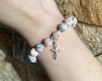 Handmade Pink Zebra Jasper Stretch Bracelet Sterling Silver Cross Charm