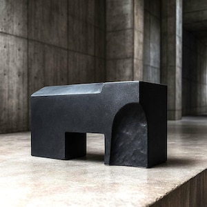Black Ceramic Abstract Sculpture: Modern Brutalist Geometric Art