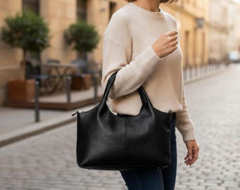 Sac à main noir en similicuir, design structuré moderne, cabas idéal au quotidien avec plusieurs compartiments pour femme