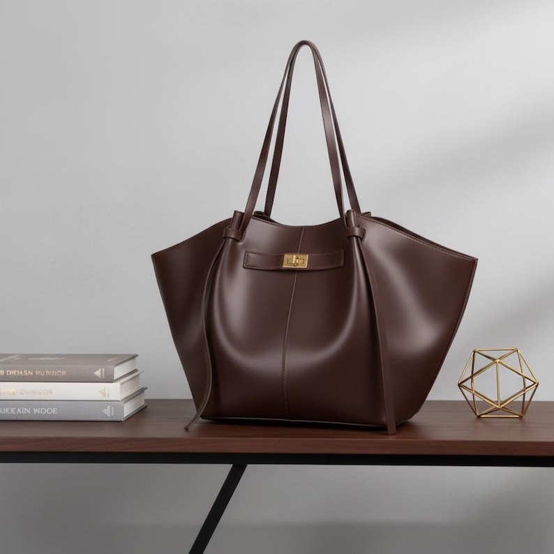 Puede incluir: Un bolso tote grande de cuero marr&oacute;n con asas largas. El bolso presenta un cierre rectangular dorado y un dise&ntilde;o estructurado. El bolso est&aacute; sobre una superficie de madera junto a libros y una decoraci&oacute;n geom&eacute;trica dorada.