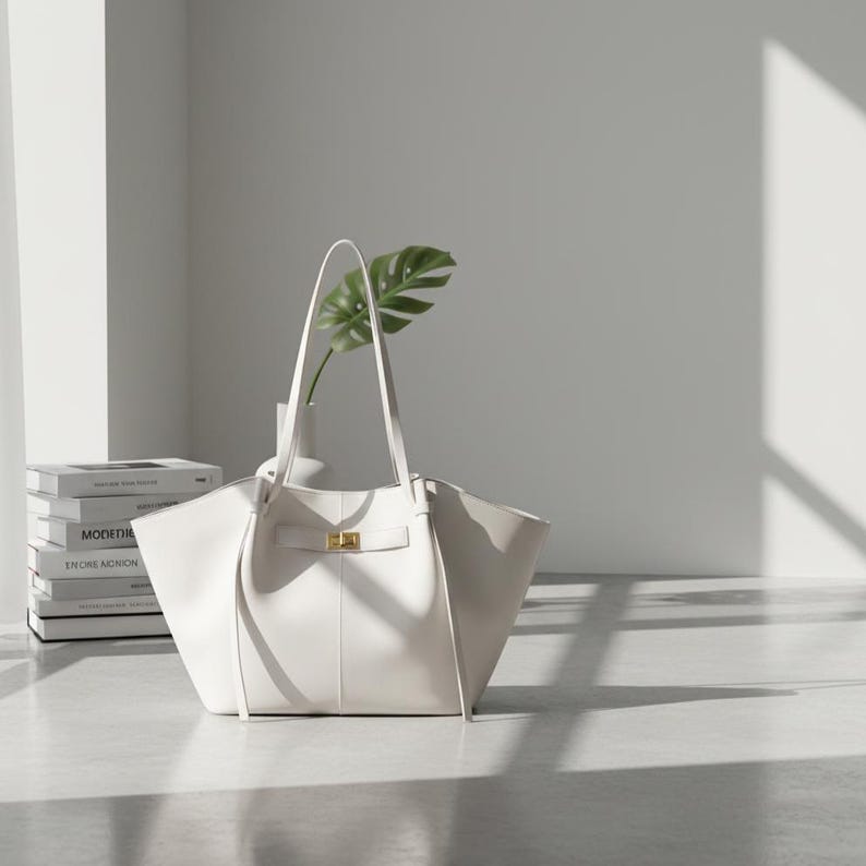 Puede incluir: Un bolso tote de cuero blanco con asas largas y un cierre dorado. La bolsa est&aacute; vac&iacute;a y se encuentra sobre una superficie clara. Un jarr&oacute;n blanco con una hoja verde y libros est&aacute;n en el fondo.