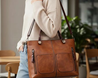 Bolso tote de cuero estilo vintage para mujer, bolso bandolera de gran capacidad.