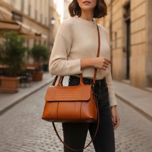 May include: A tan leather handbag with a crocodile-embossed flap, dual top handles, and a detachable shoulder strap. The bag features a structured rectangular base, vertical stitched detailing on the front panel, and dark metal hardware accents.