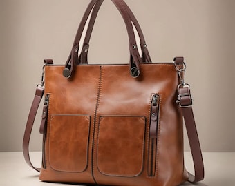 Bolso tote de cuero estilo vintage para mujer, bolso bandolera de gran capacidad.