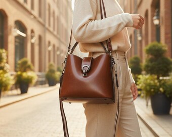 Peut inclure: Un sac seau en cuir marron lisse à la silhouette structurée, doté d'un fermoir central en métal argenté et d'une longue bandoulière réglable à motif rayé, porté avec un pull à manches longues et un pantalon de couleur claire.