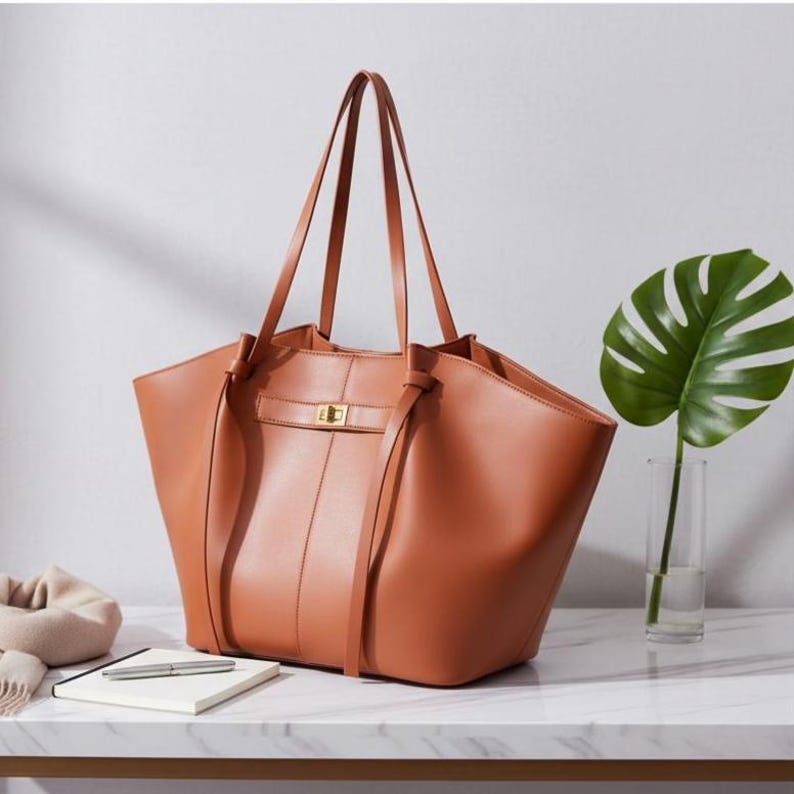 Puede incluir: Un bolso tote grande de cuero color marr&oacute;n claro con asas largas. El bolso tiene forma rectangular con un cierre dorado y una costura vertical en el centro. El bolso est&aacute; sobre una superficie blanca.