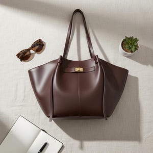 Puede incluir: Un bolso tote de cuero marr&oacute;n con asas largas y un cierre dorado. Gafas de sol carey, una peque&ntilde;a planta suculenta, un cuaderno y un bol&iacute;grafo tambi&eacute;n son visibles.