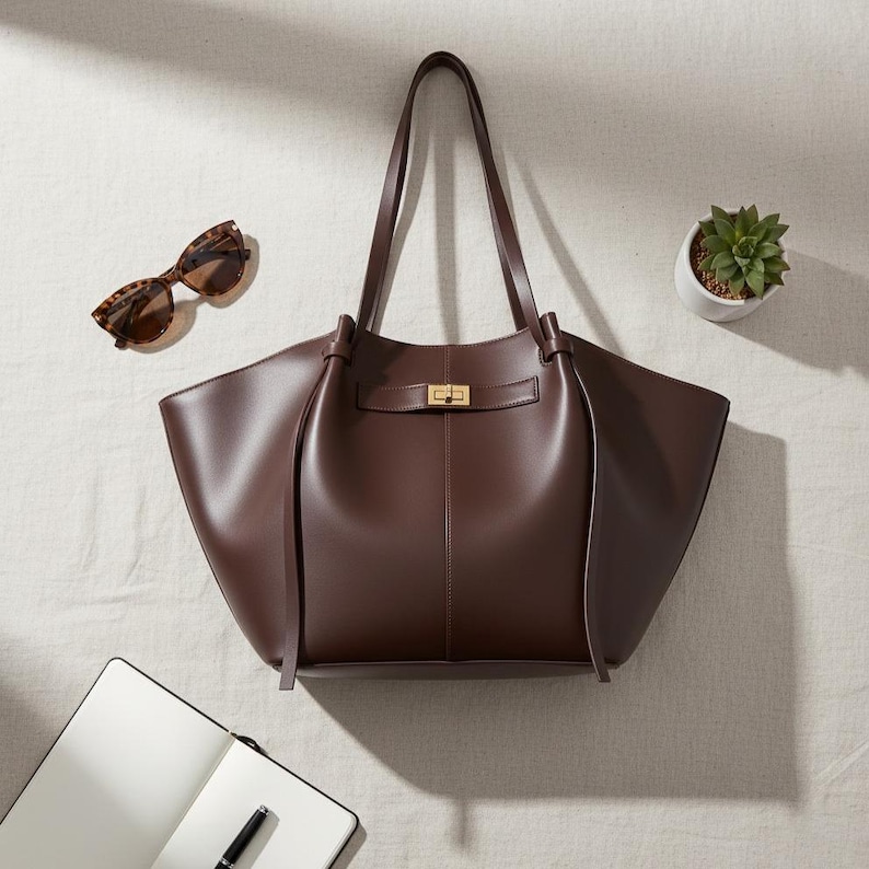 Puede incluir: Un bolso tote de cuero marr&oacute;n con asas largas y un cierre dorado. Gafas de sol carey, una peque&ntilde;a planta suculenta, un cuaderno y un bol&iacute;grafo tambi&eacute;n son visibles.