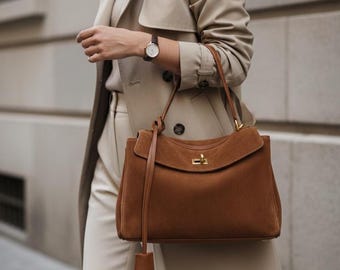 American Darling suède draagtas, cognac hobo, alledaagse leren schoudertas, cadeau voor haar
